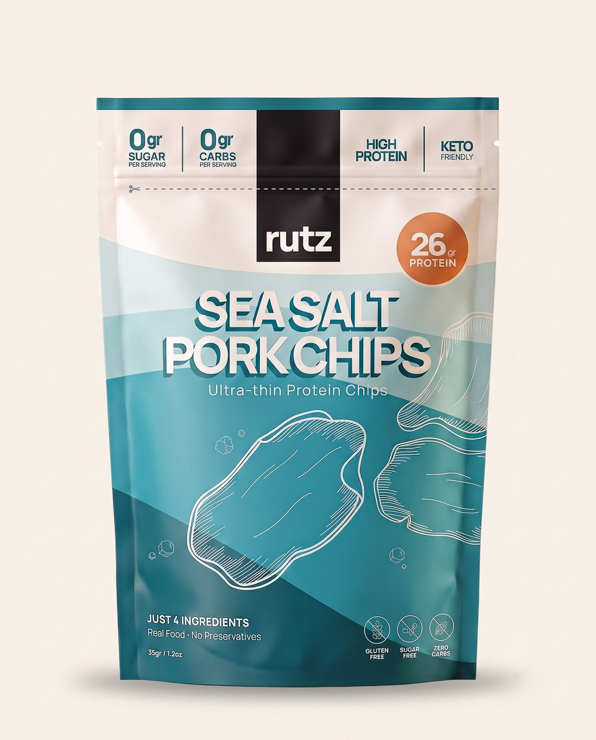 Bolsa de rutz sea salt pork chips, chips de lomo de cerdo con sal marina, 26 g de proteína, 35 g