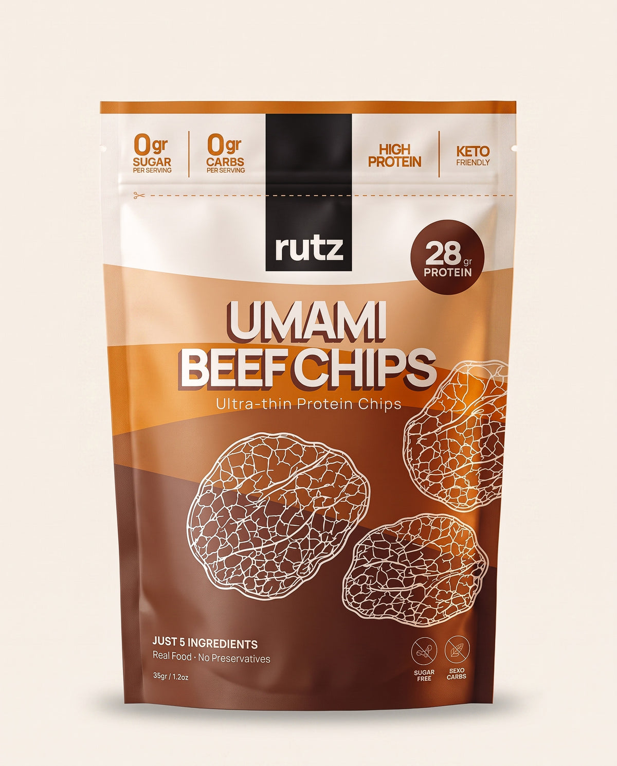 Bolsa de rutz umami beef chips, chips de res marinados en salsa de soya, 28 g de proteína, 35 g