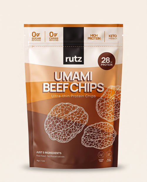 Bolsa de rutz umami beef chips, chips de res marinados en salsa de soya, 28 g de proteína, 35 g
